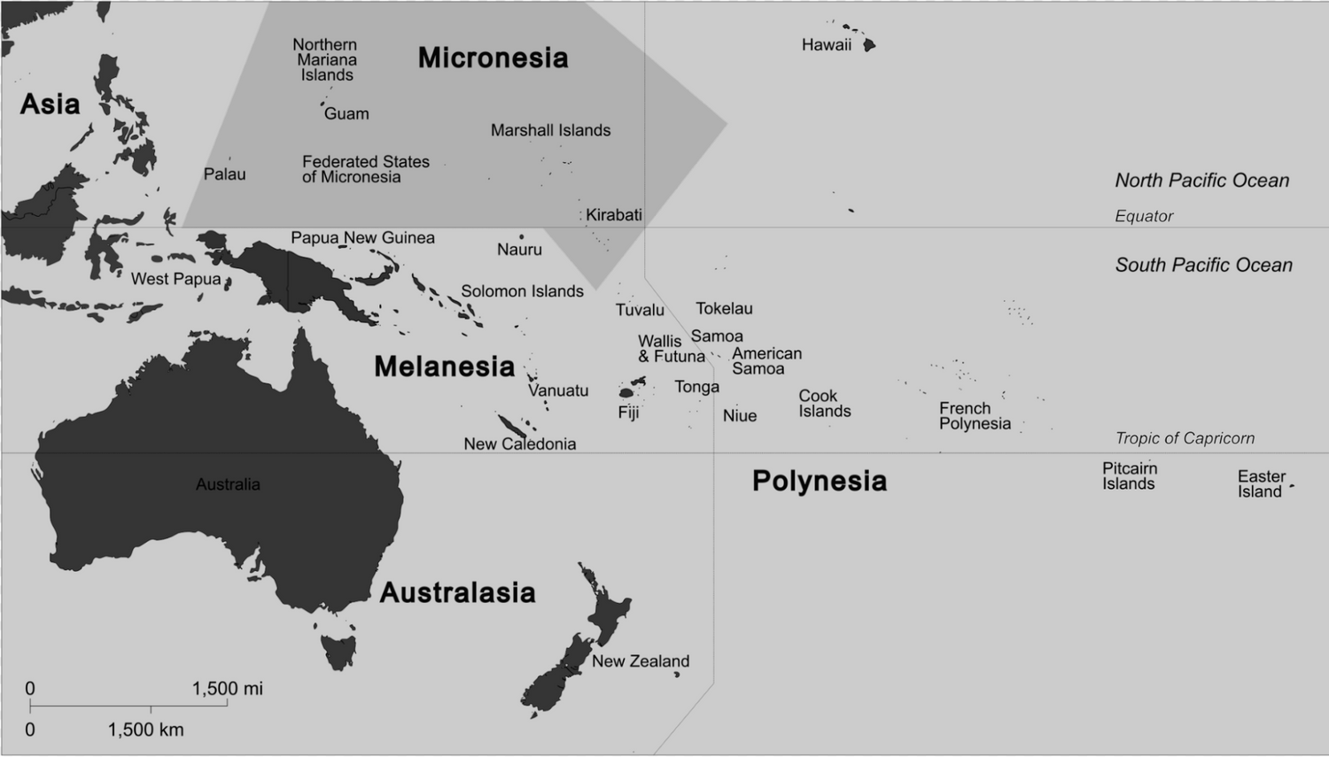 Black and white map of Oceania showing Australia, New Zealand, Micronesia, Melanesia, and Polynesia islands