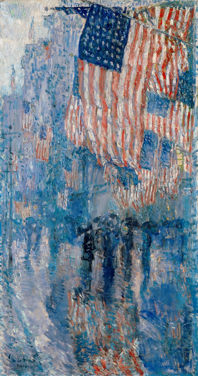 Impressionist painting of American flags over a rainy city avenue with people and umbrellas