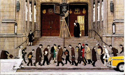 Vintage city street scene with people in 1940s attire walking past a church entrance and a man on ladder adjusting sign