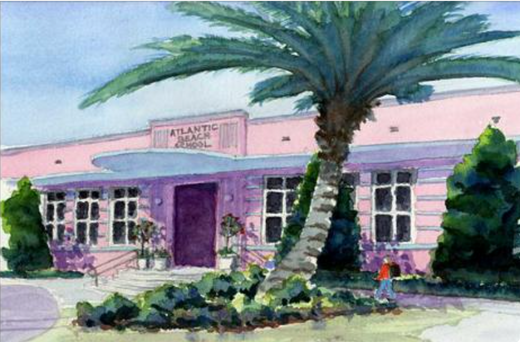 Watercolor of Atlantic Beach School building with palm tree, pink facade, GORUCK community setting.