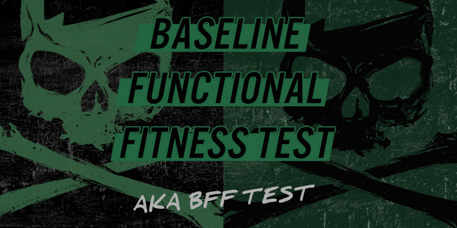Grunge style fitness graphic with skulls and crossbones and text baseline functional fitness test aka BFF test