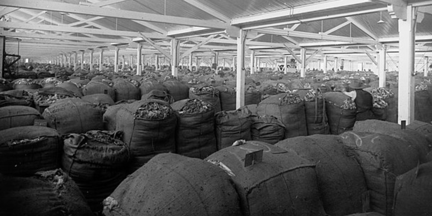 Black and white image of a large warehouse filled with packed wool sacks, a worker sorting wool