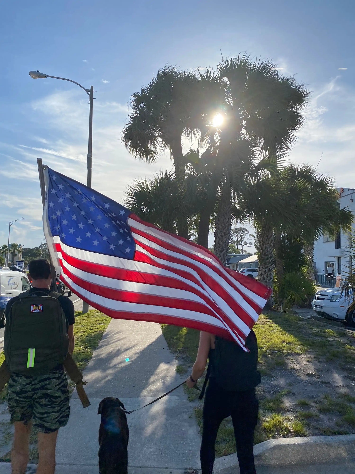 Two people with backpacks and a dog walking on a sidewalk carrying a large American flag near palm trees in bright daylight