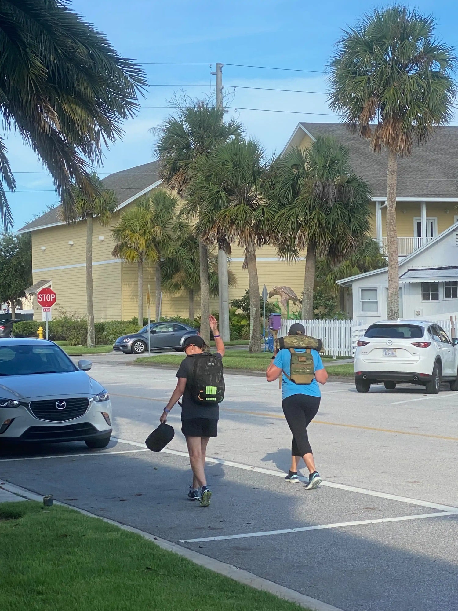 Two people walking on street carrying weighted bags, palm trees and cars in suburban neighborhood