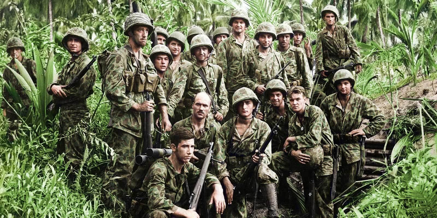 Group of soldiers in vintage camo uniforms in a jungle setting, History of Camo by GORUCK