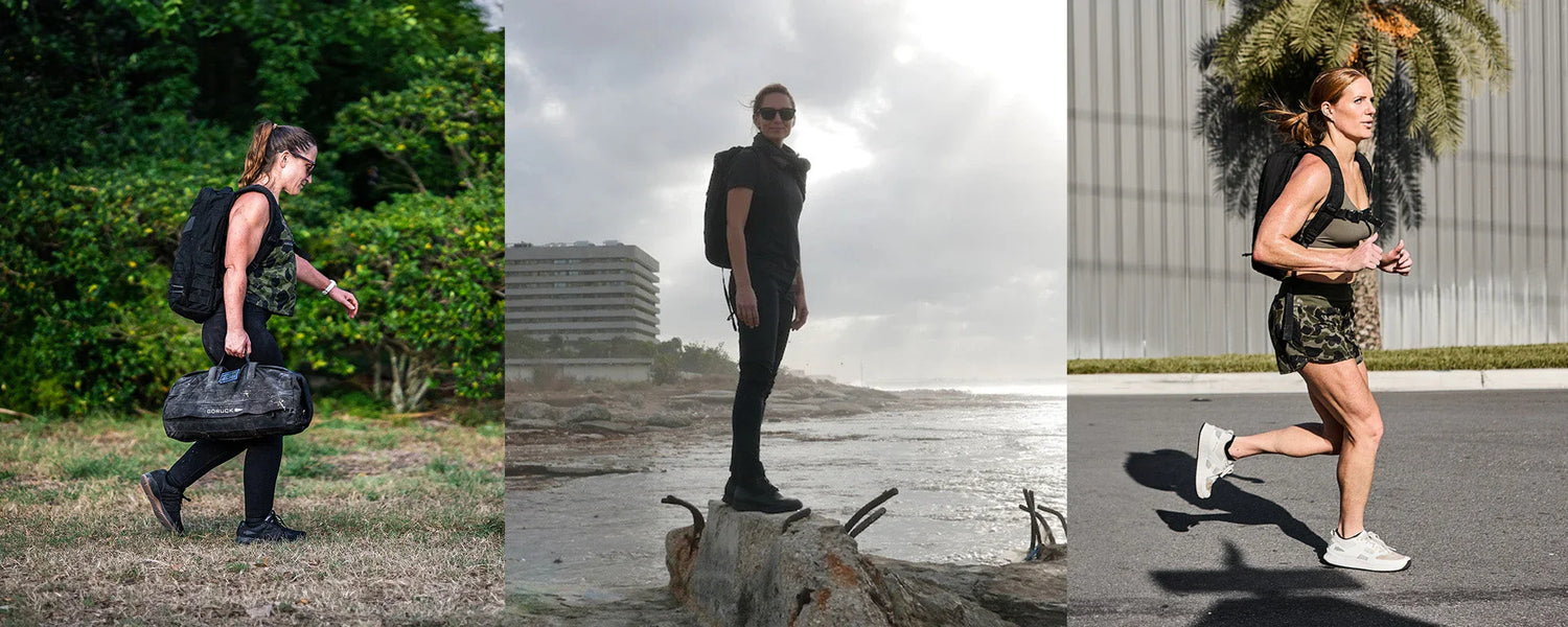 Three women outdoors wearing GORUCK gear: walking with duffle bag, standing on rocky shore, and running in camouflage shorts