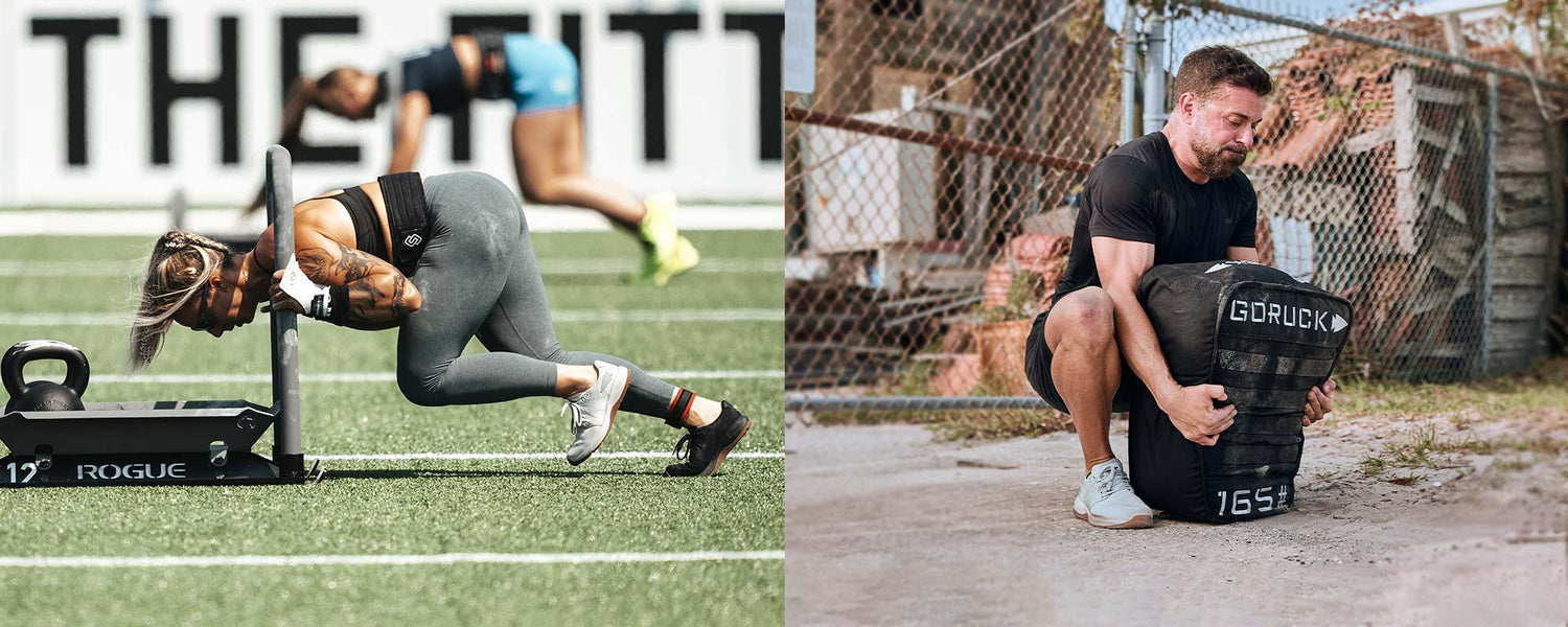 Athletes training outdoors with GORUCK gear, including sandbags and fitness sled, on turf and concrete