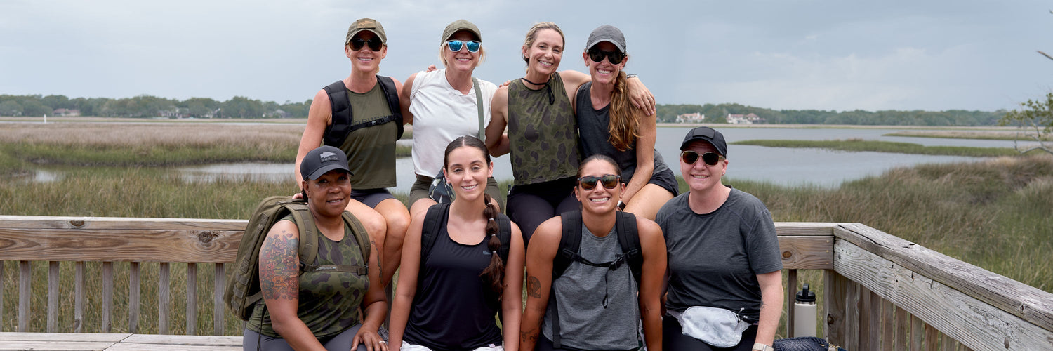 Left: Three women walking outdoors. Right: Woman doing push-ups with a weight vest.