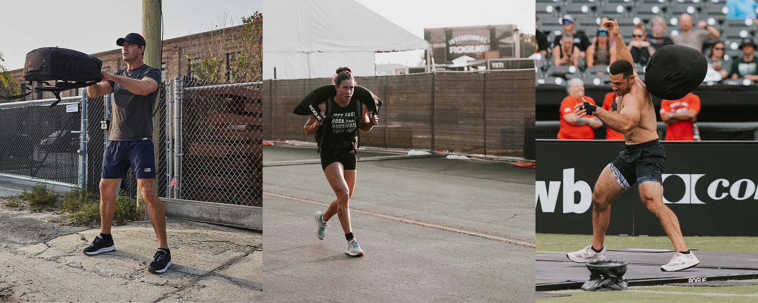 Three athletes perform workouts outdoors, each lifting or carrying a heavy sandbag in different athletic settings.
