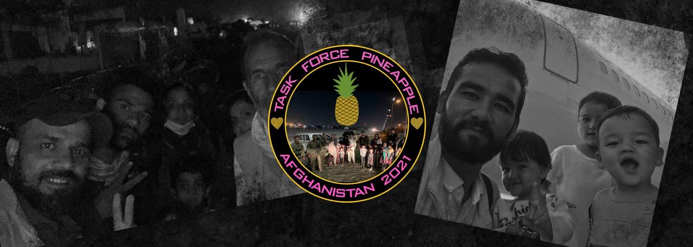 Task Force Pineapple Afghanistan 2021 badge with group and family rucking near airplane, GORUCK