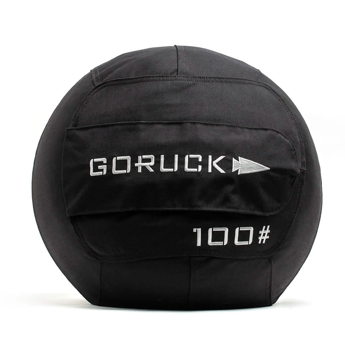 GORUCK 100-pound black heavy-duty rucking sandbag with embroidered logo on white background