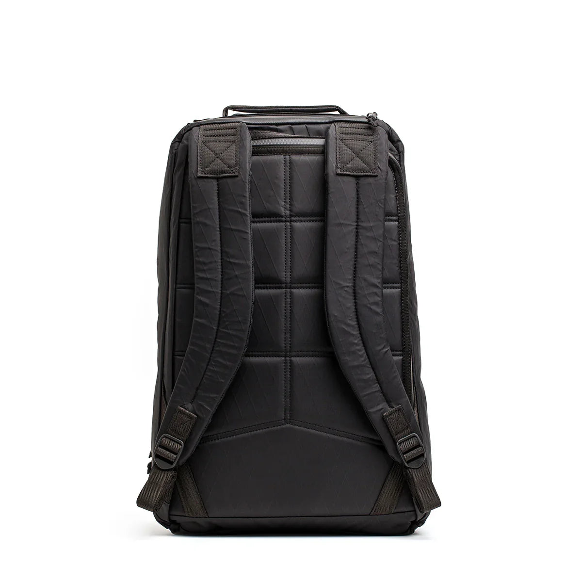 Back view of rugged black GORUCK backpack with padded straps and quilted back panel