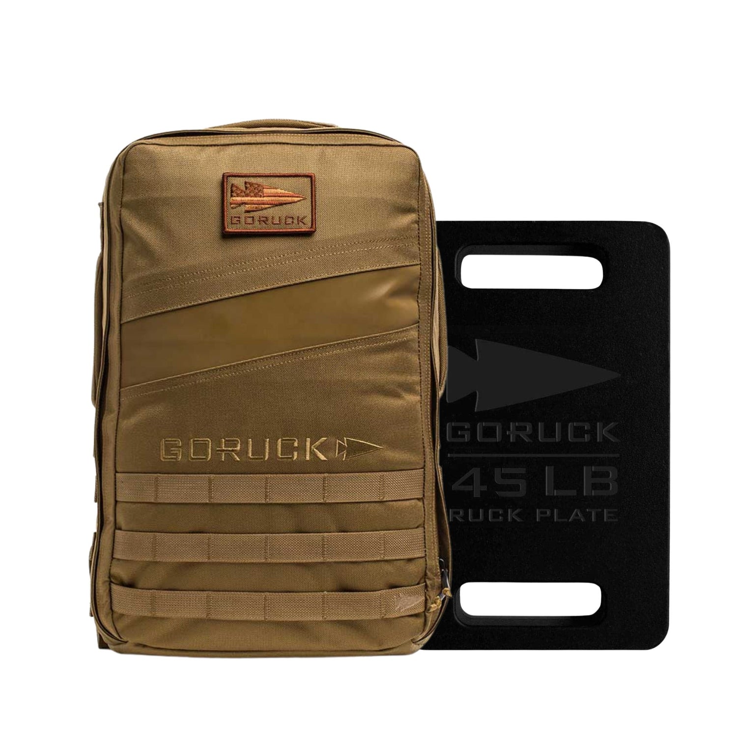 The Rucker 4.0 + 45LB Plate Bundle features a tan backpack and a black 45 lb plate with handles, ideal for rucking workouts.