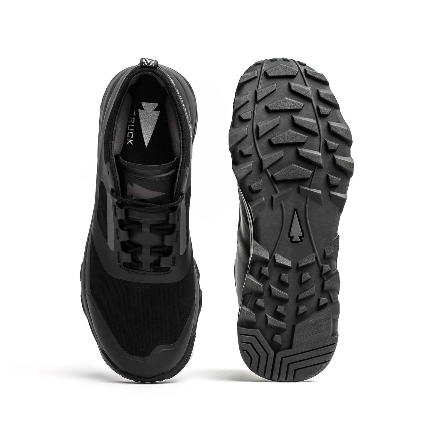 GORUCK black rucking shoe with rugged outsole, top and bottom view on white background