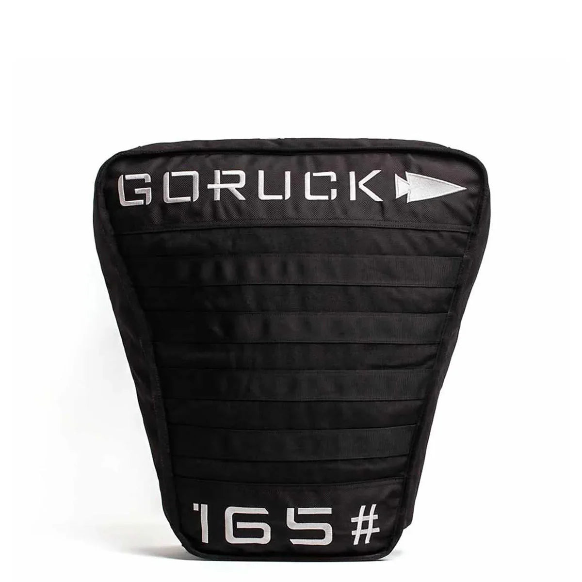 Black GORUCK ruck plate with white logo and 165-pound weight marking for rucking gear