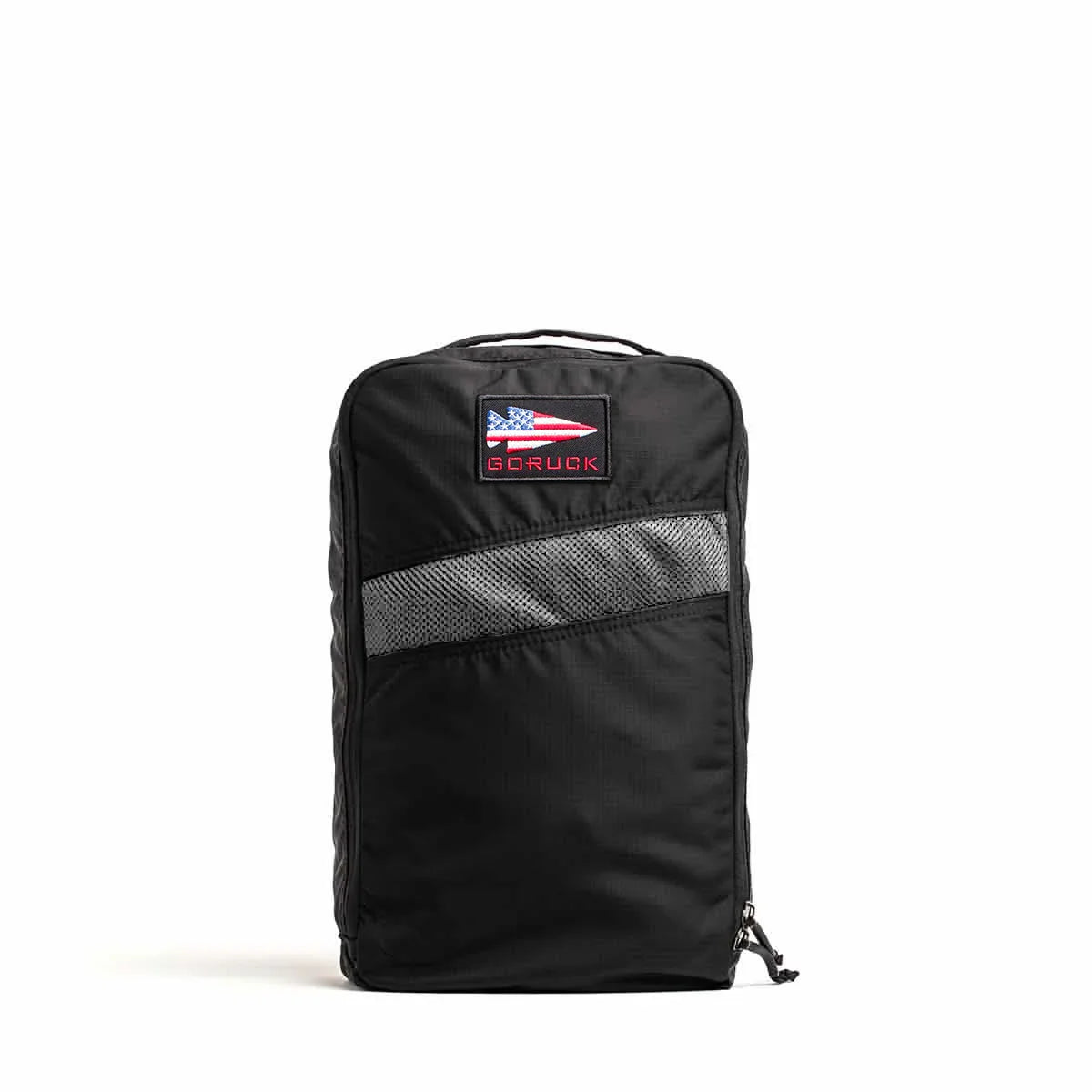 GORUCK black shoe bag with American flag knife logo and mesh pocket, durable rucking gear