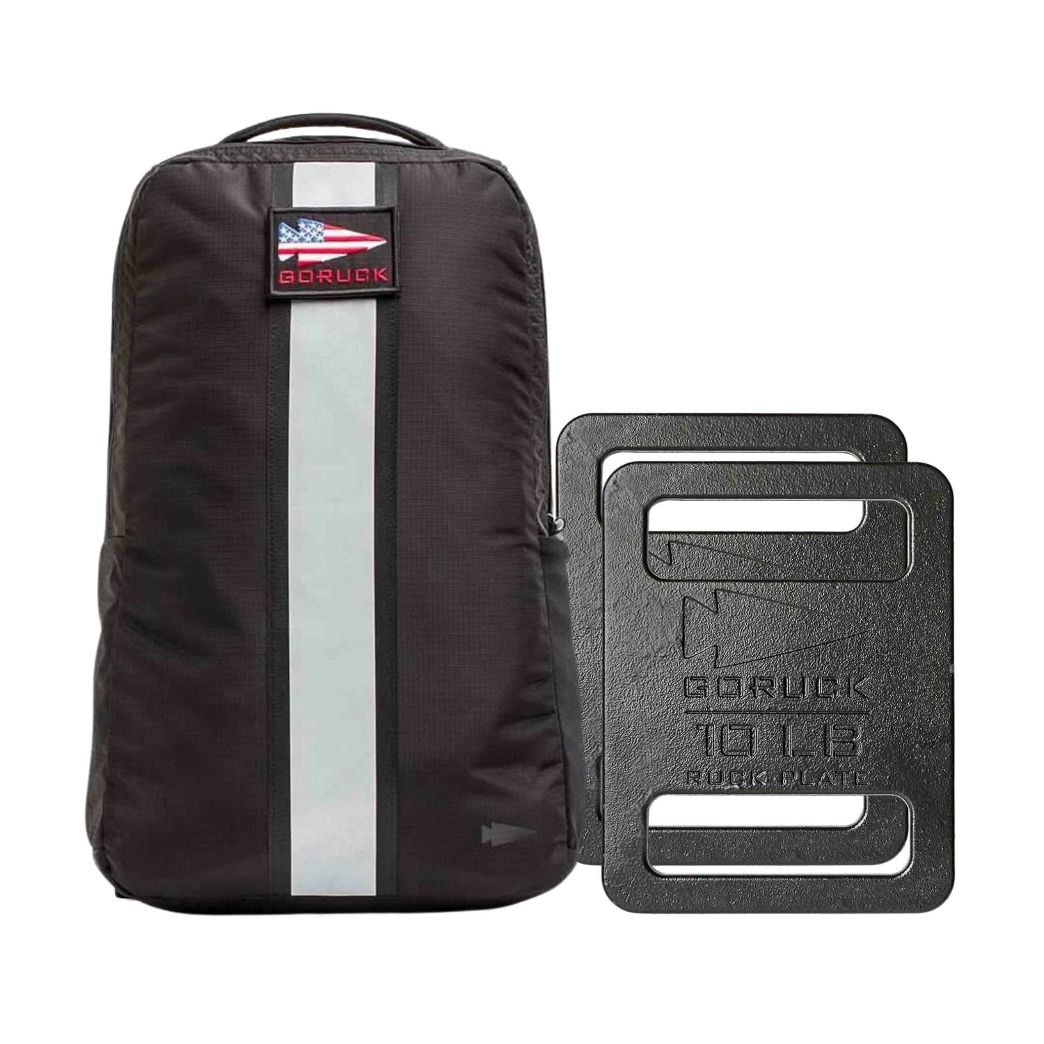 The Basic Rucker Bundle features a black GORUCK backpack with a USA flag patch and two black 10 lb ruck plates, ideal for rucking or weighted workouts.