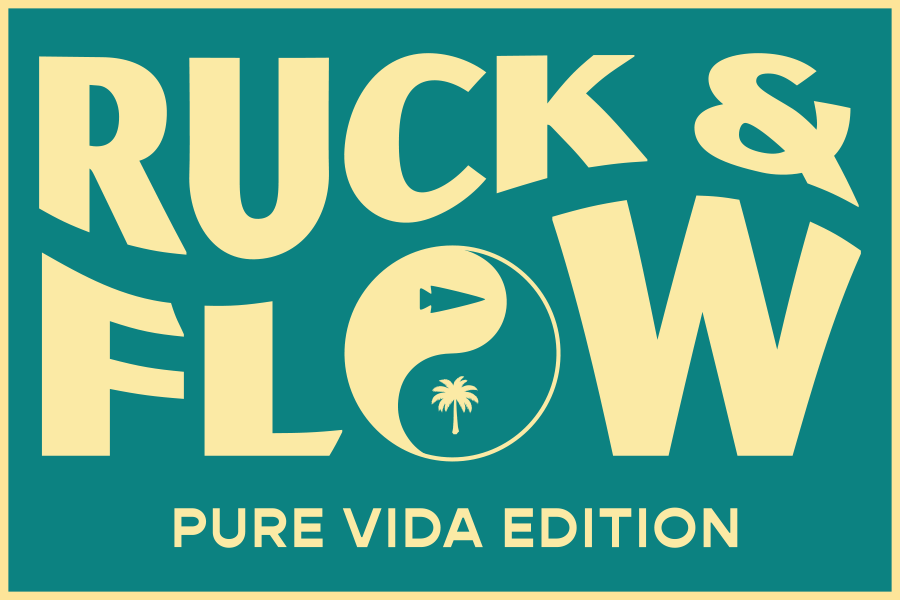 Text reads “COSTA RICA RUCK & FLOW 2027” with a palm tree and yin-yang symbol in the design, capturing the adventurous spirit of a jungle rucking retreat and the rejuvenating energy of an Osa Peninsula yoga experience.