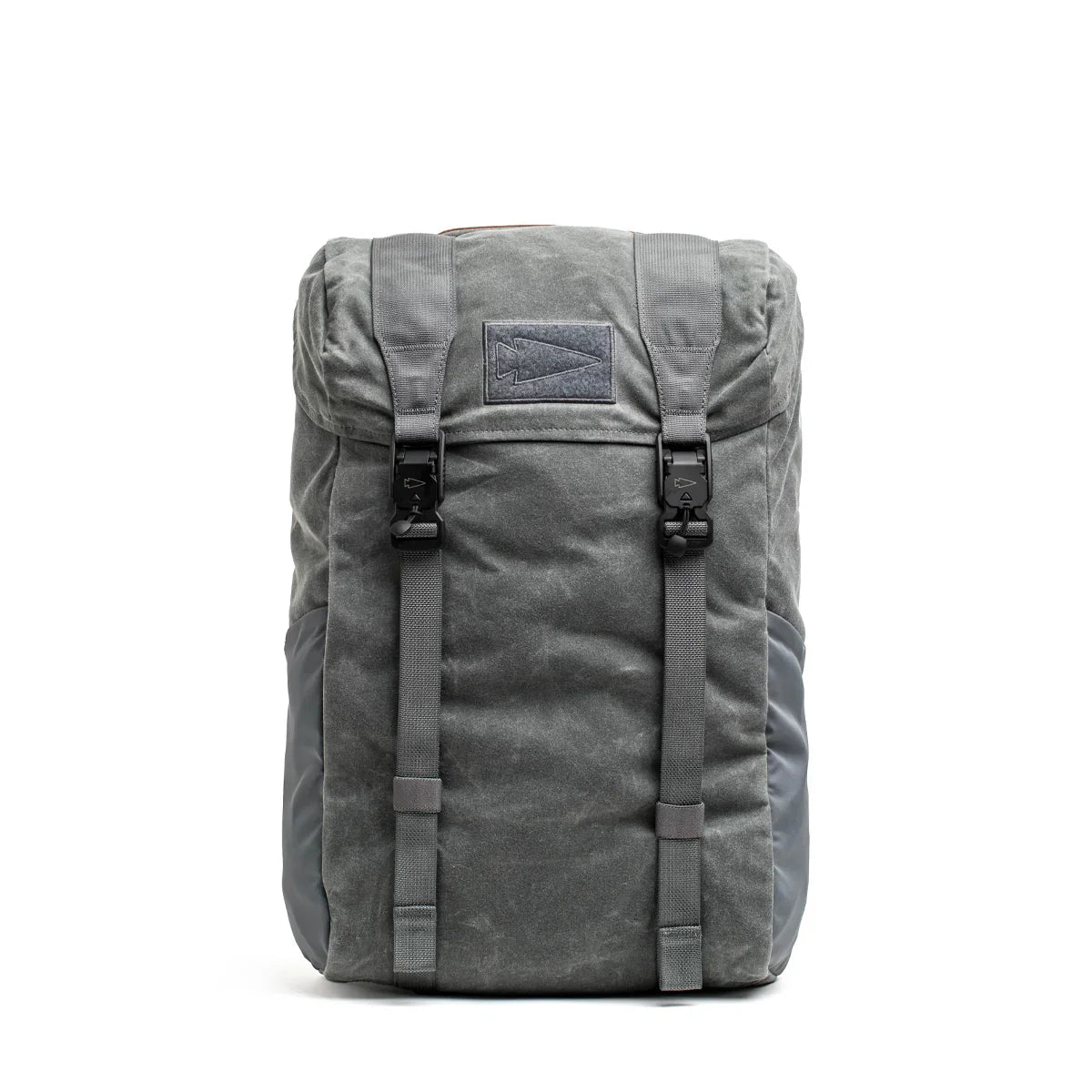 GORUCK slate waxed canvas rucksack with rugged straps and buckles, front view