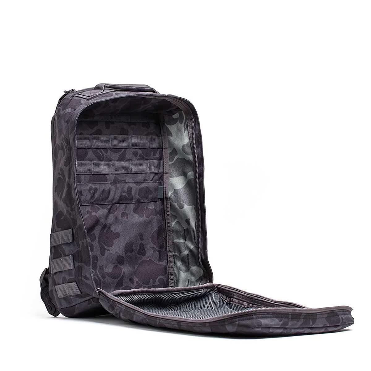GORUCK black frogskin rucksack open to display wolf grey interior organized compartments