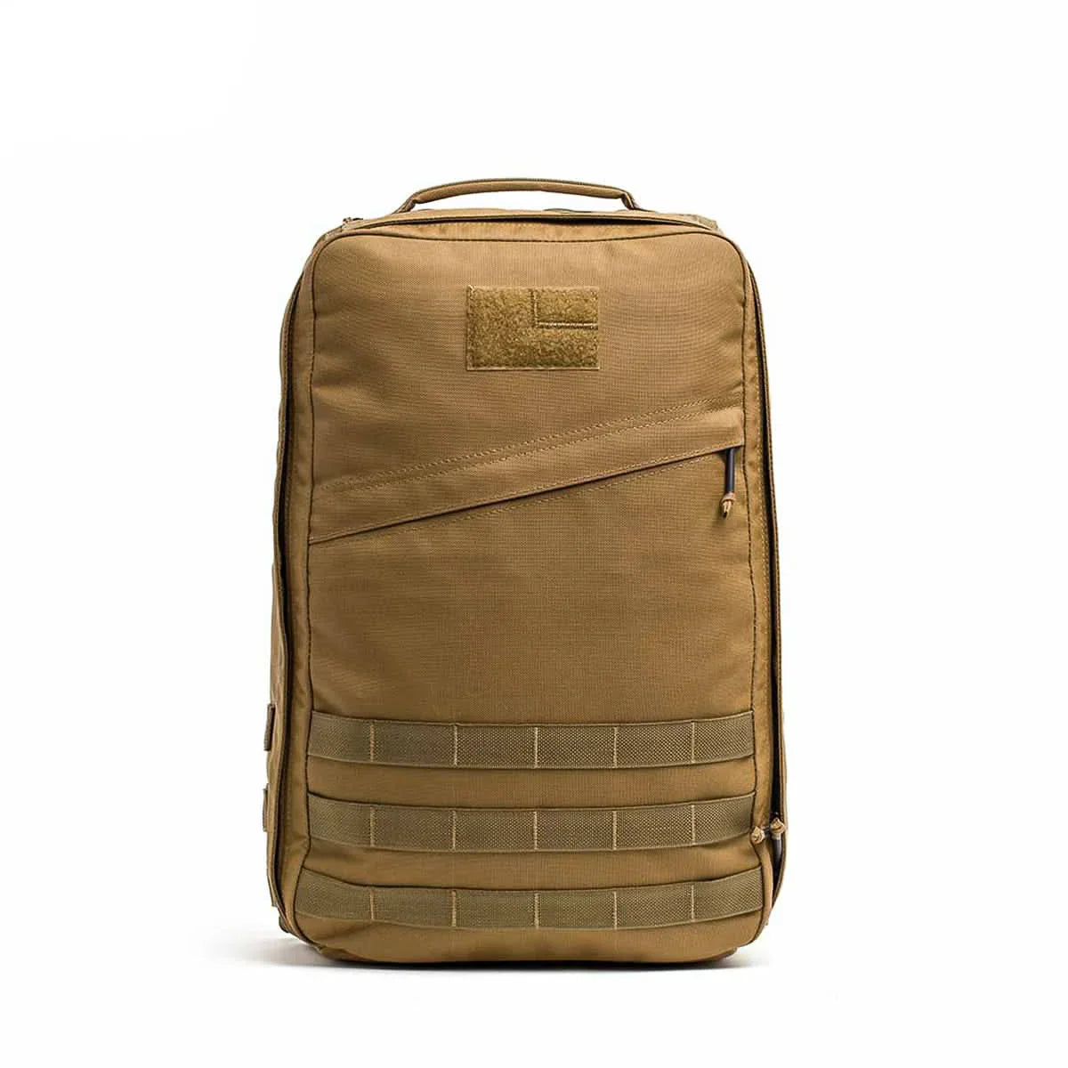 GORUCK durable coyote brown rucksack with angled front zipper pocket and MOLLE webbing on white background