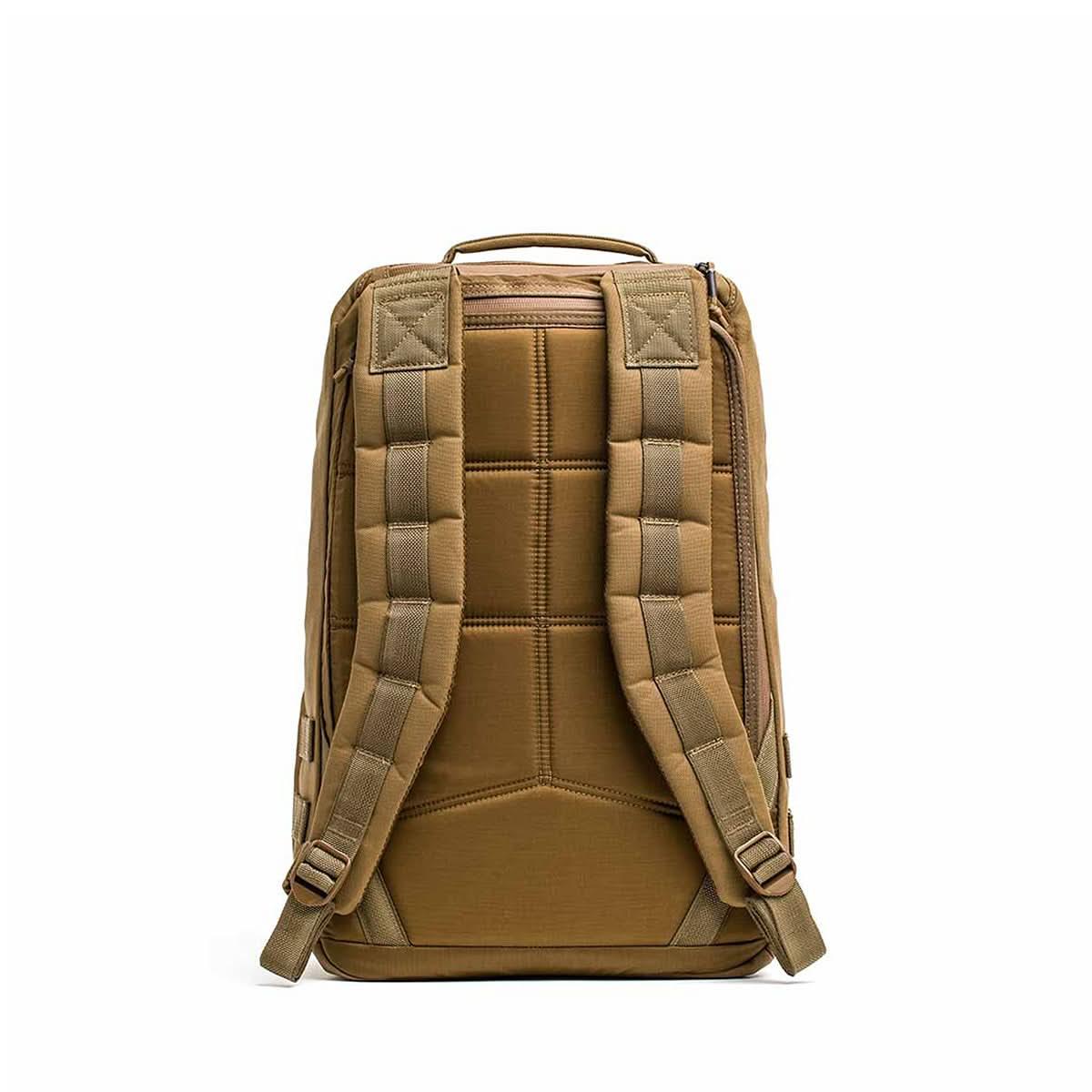Back view of durable coyote brown GORUCK backpack with padded straps and handle
