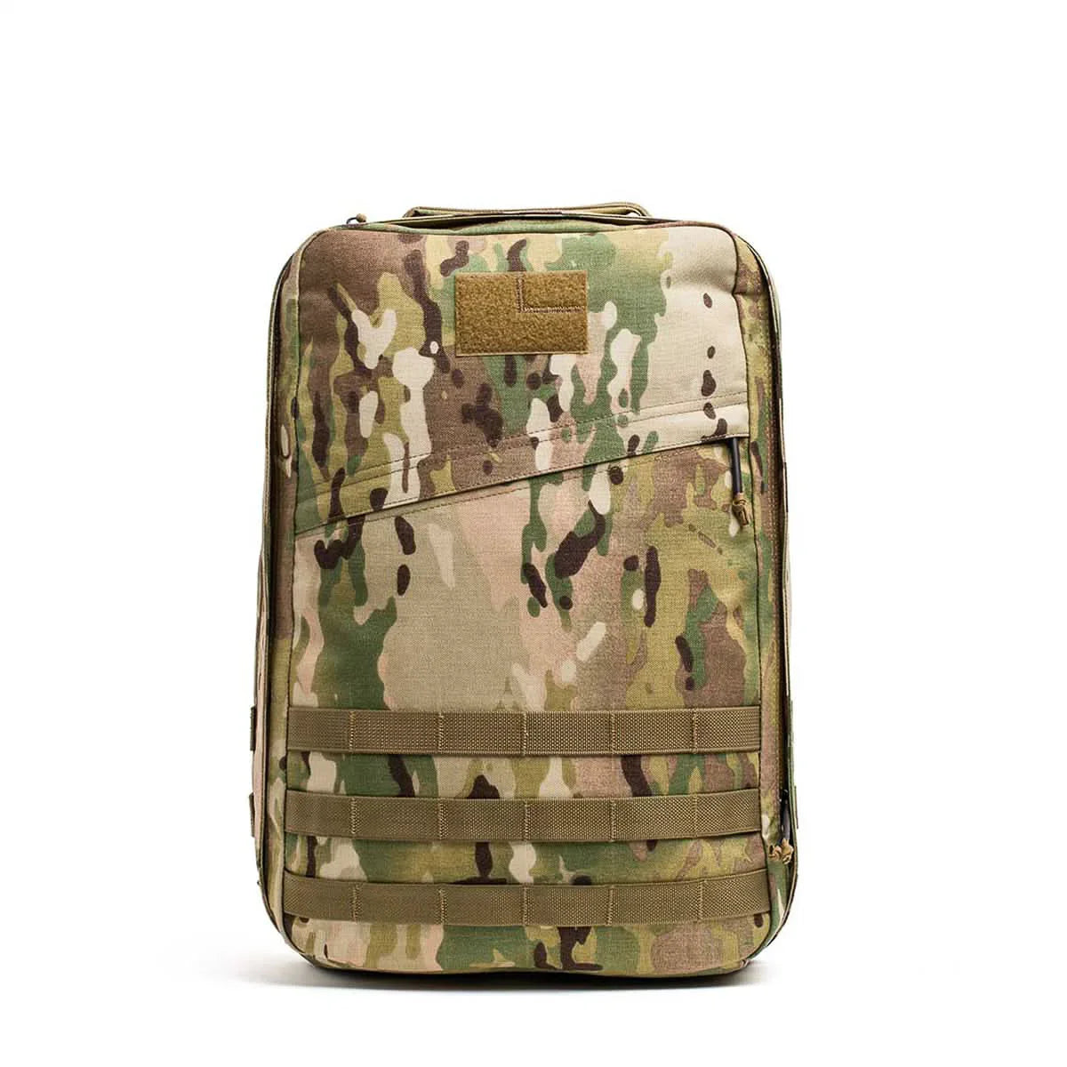 GORUCK Multicam tactical backpack with MOLLE webbing, rugged rucking gear on white background.