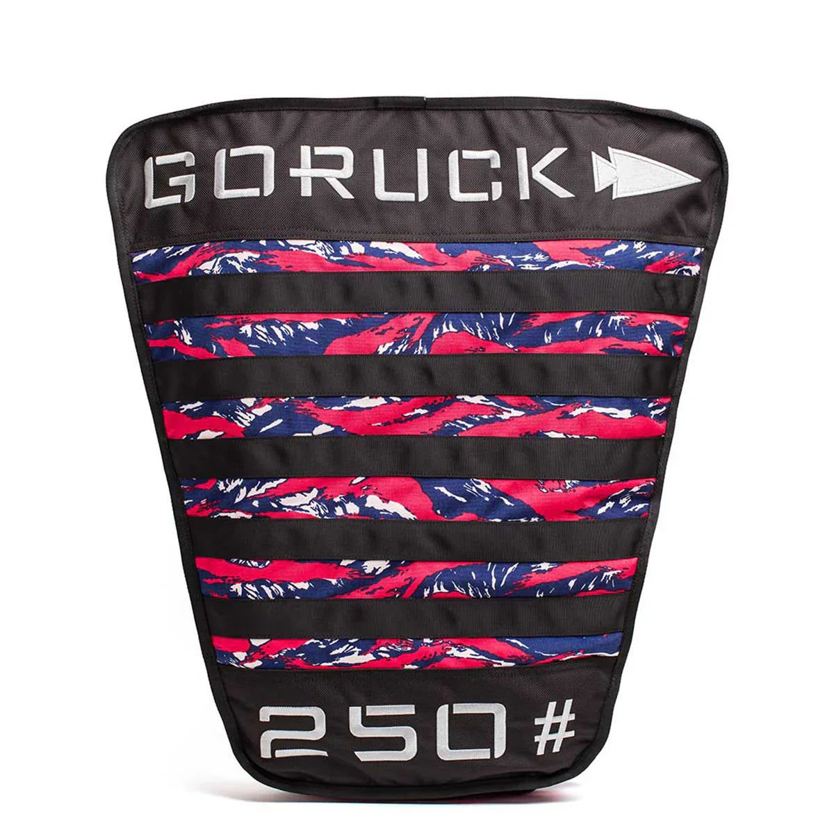 Black GORUCK ruck weight bag with red and blue camo pattern and 250# weight label