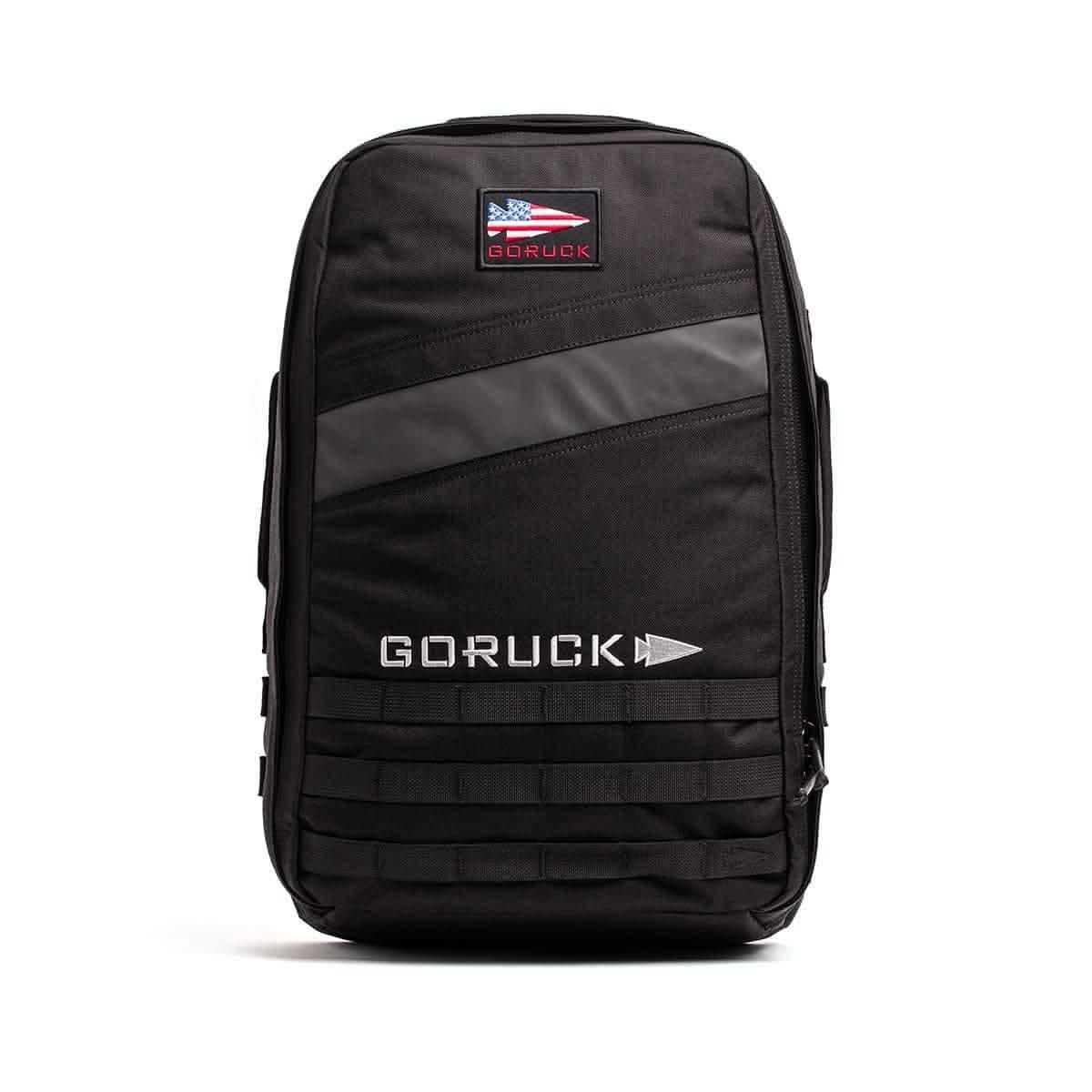 GORUCK 25L black ruck backpack with American flag patch, tough rucking gear front view