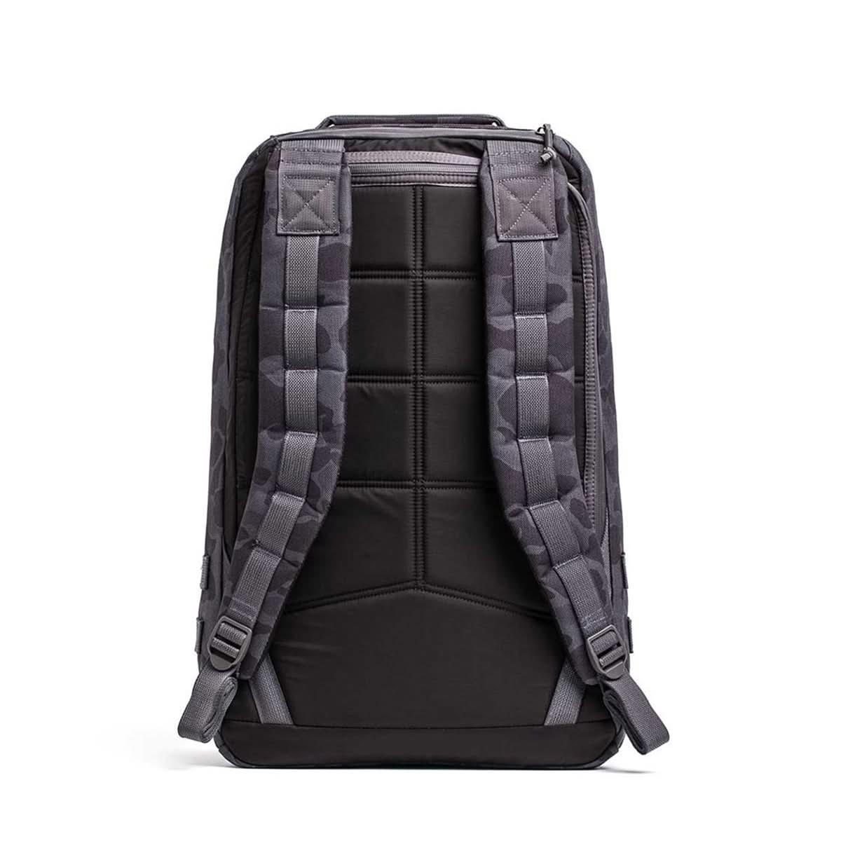 Back view of GORUCK rucksack with black frogskin camo padded straps and quilted back panel