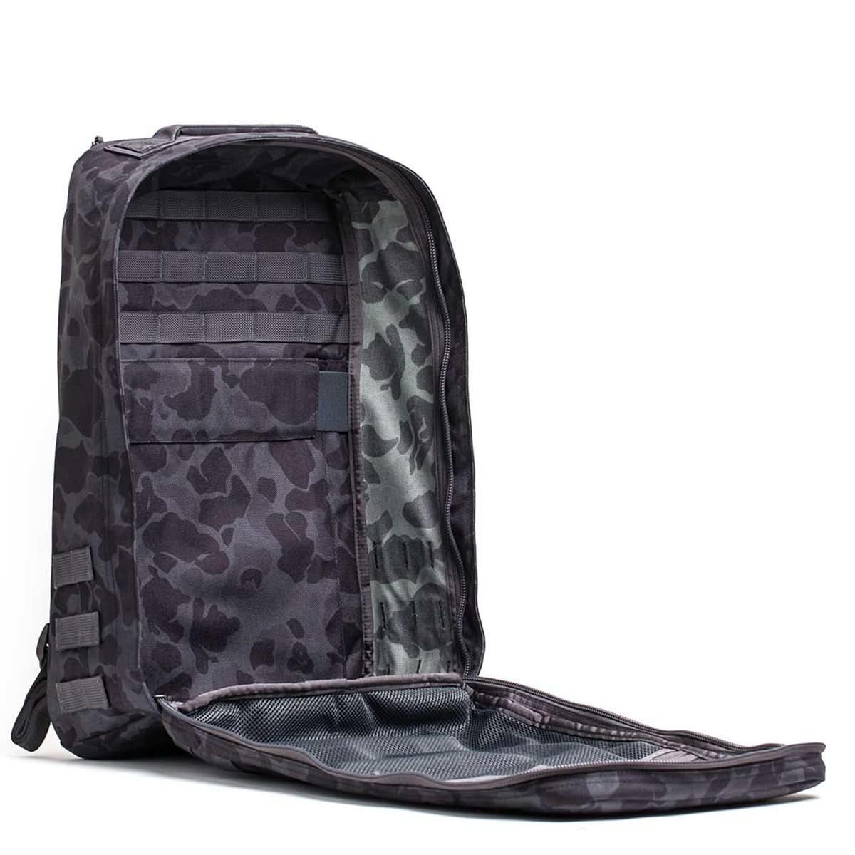 GORUCK black frogskin camo rucksack open to show interior organization and compartments