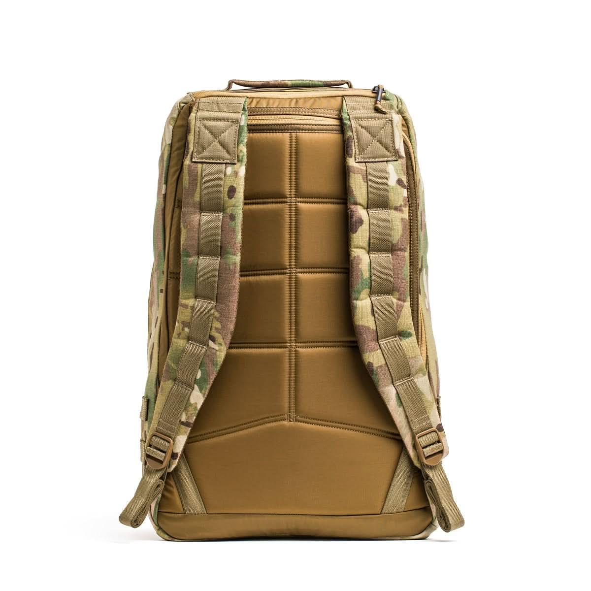 Back view of GORUCK durable tactical backpack with padded straps in Multicam camouflage