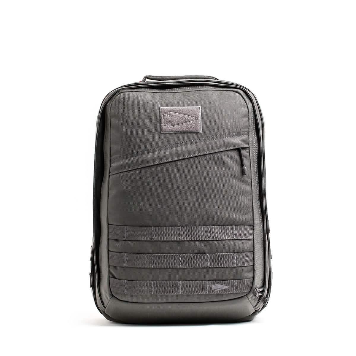 GORUCK grey tactical rucksack with angled zipper pocket and MOLLE webbing on front