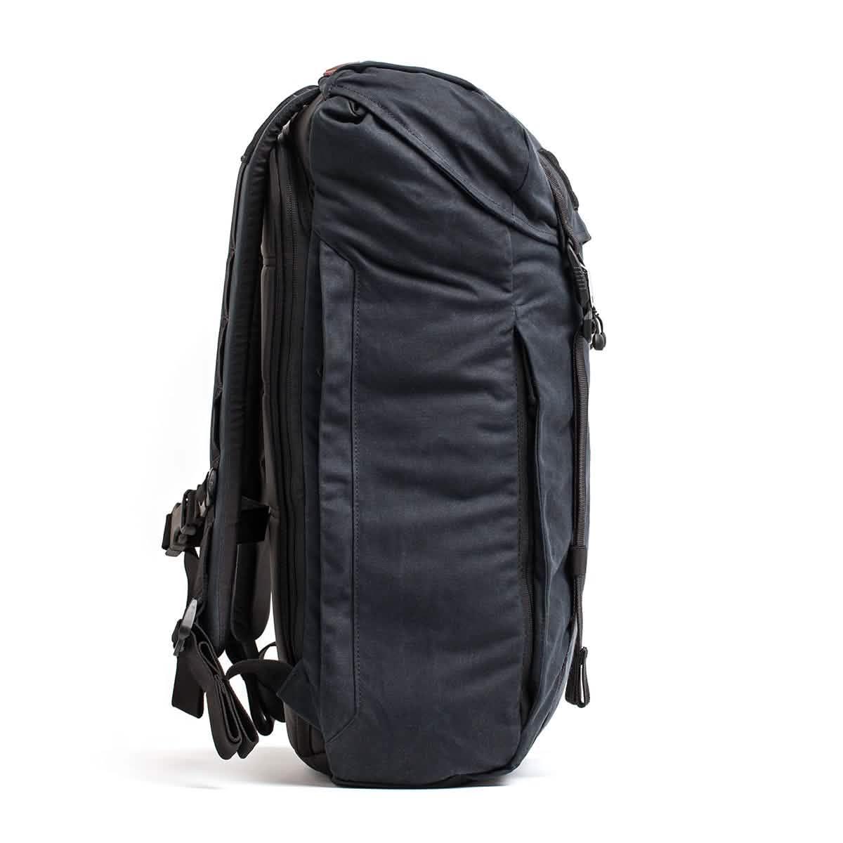 Black GORUCK tactical rucksack side view with padded straps and durable zippers