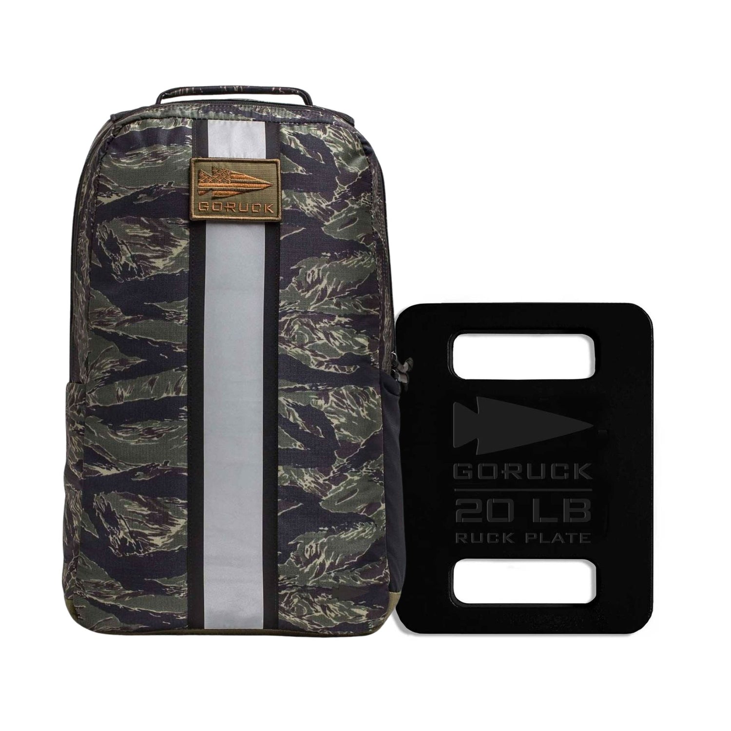 The Basic Rucker + FREE Plate features a camouflage backpack with a vertical gray stripe, ideal for rucking, shown next to a black 20 lb ruck plate.