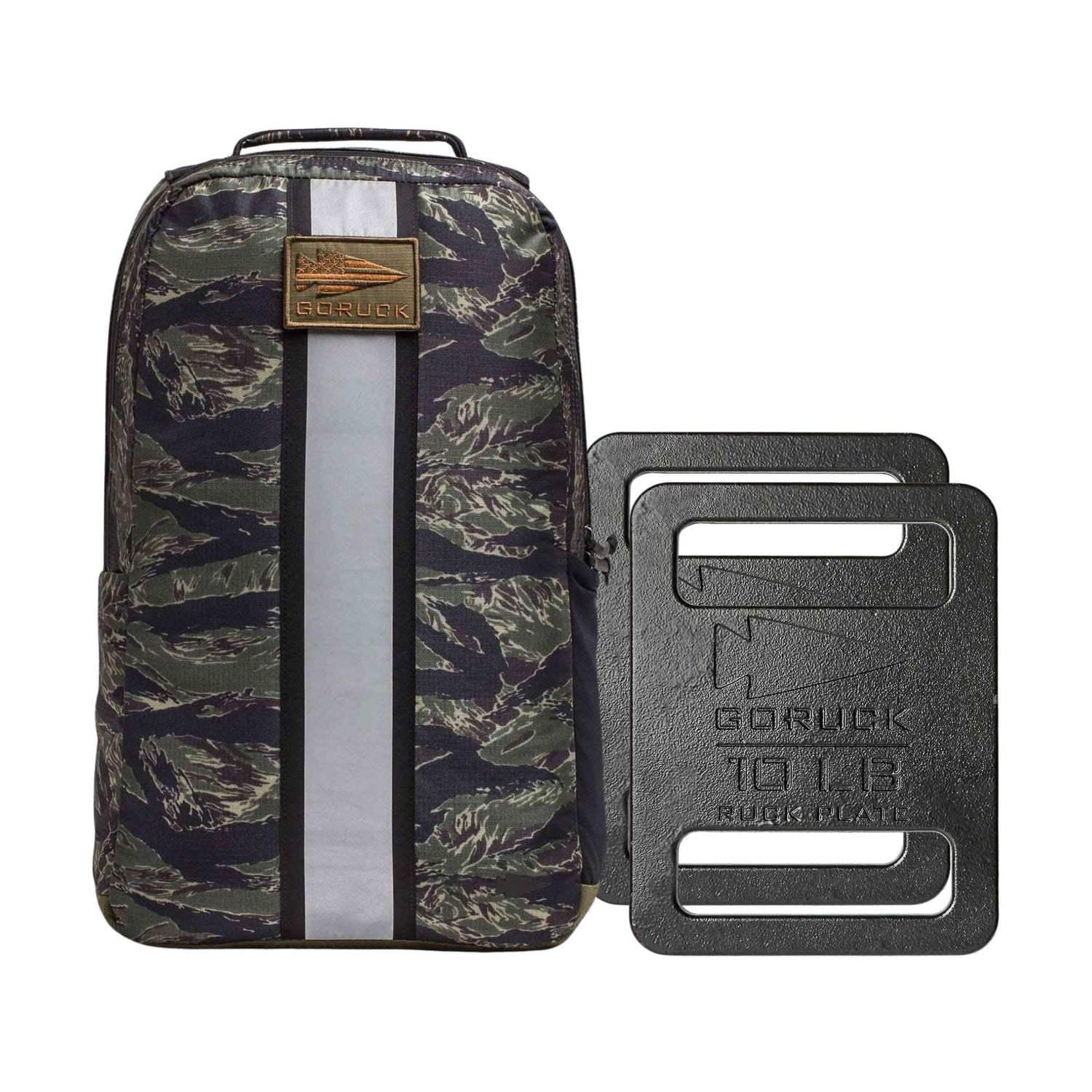 The Basic Rucker Bundle features a camo backpack with a leather patch next to two black