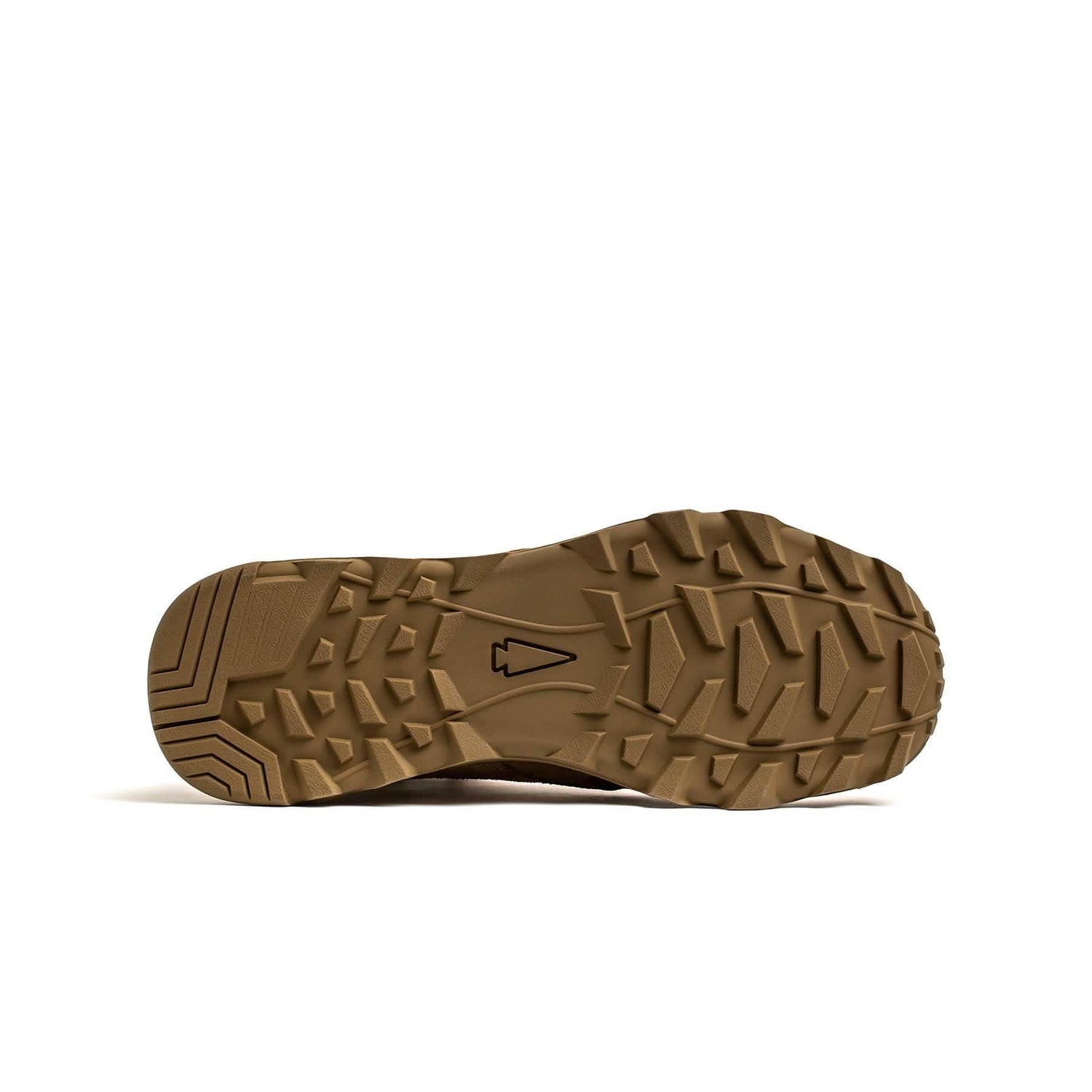 GORUCK rucking shoe outsole with rugged tan tread and arrowhead logo on white background