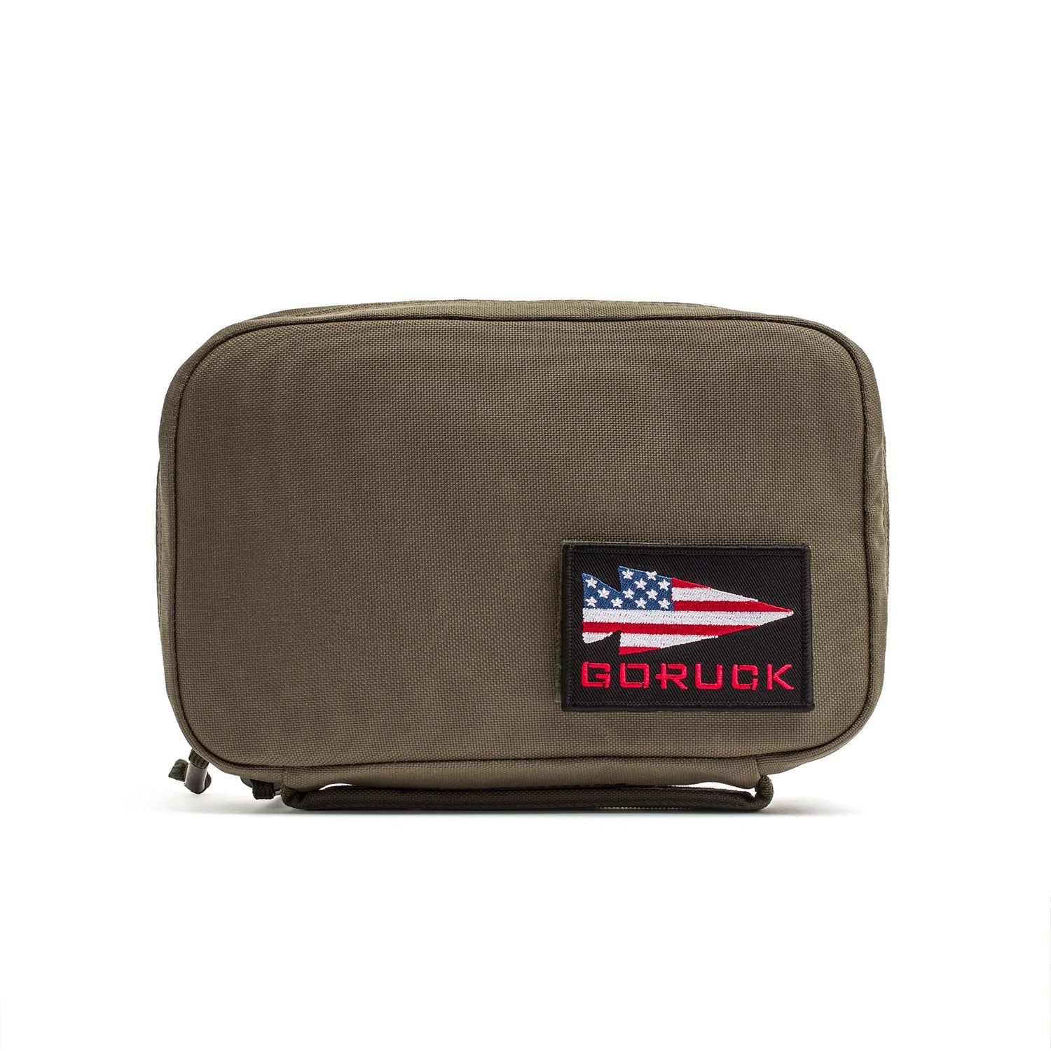 The GR1 Field Pocket - USA is an olive green pouch with a rectangular patch showing a stylized American flag and