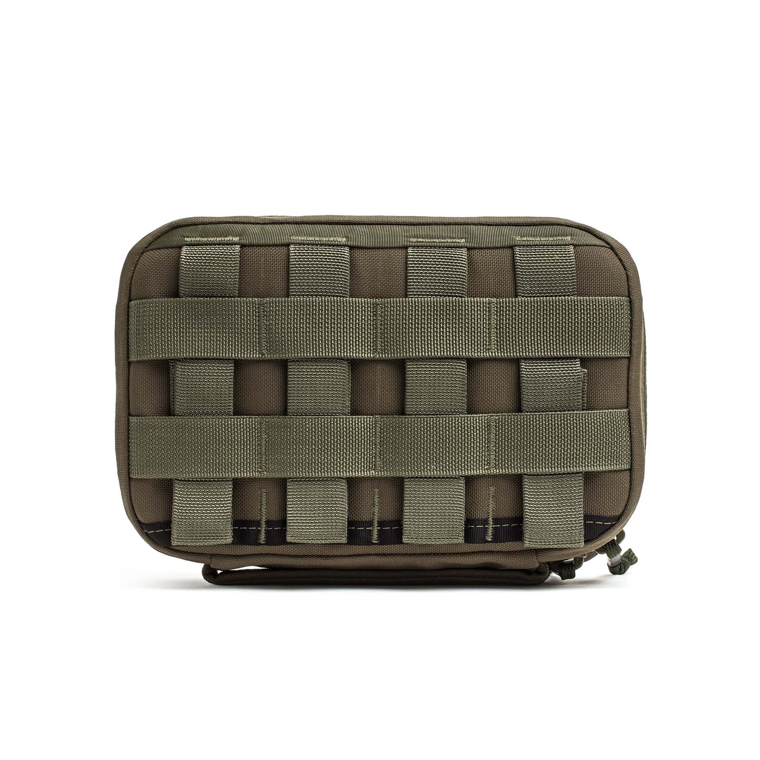 The GR1 Field Pocket - USA, an olive green tactical pouch with front MOLLE webbing, is ideal for organizing camera gear or electronics and is shown against a white background.