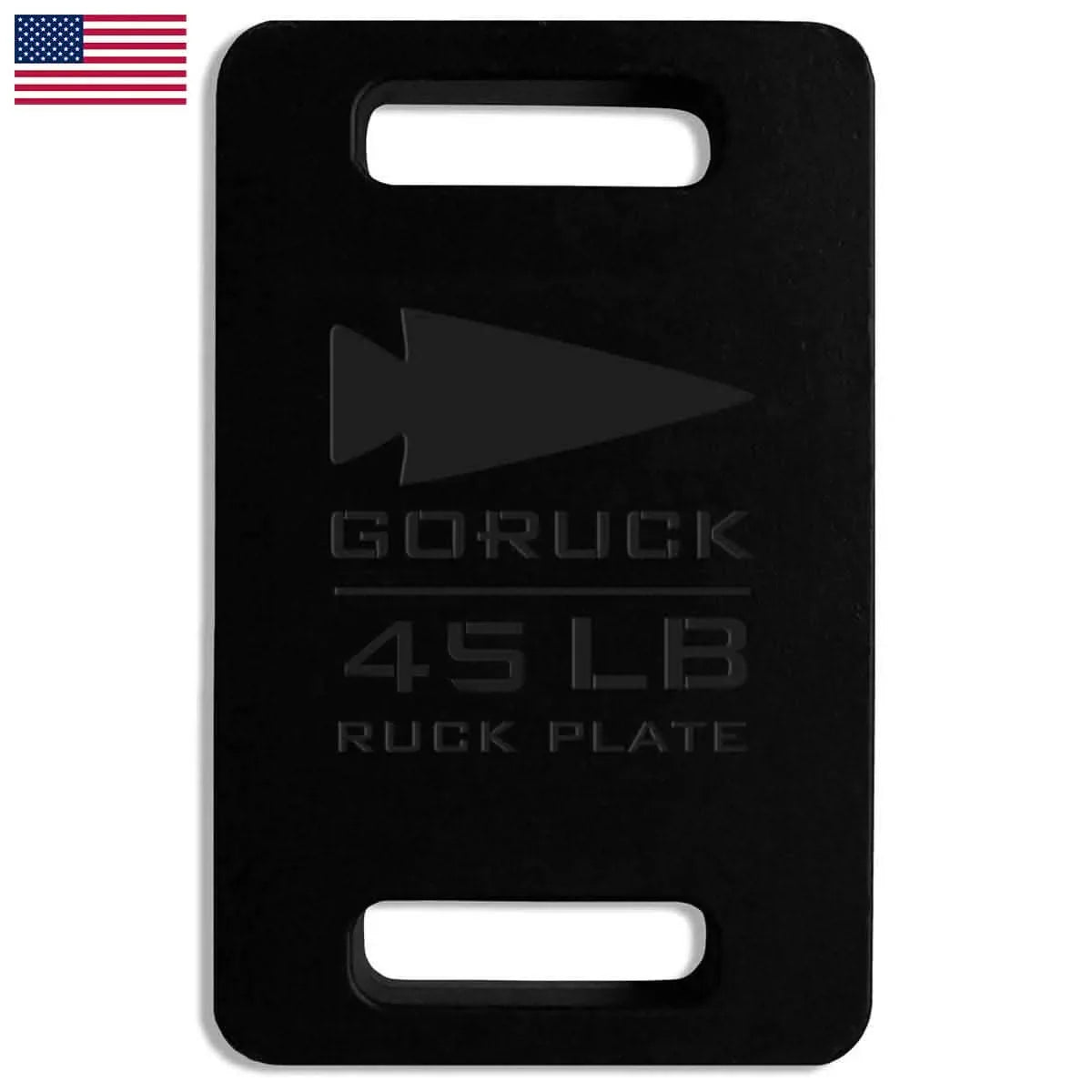 Black 45 lb GORUCK ruck plate with handle slots and arrow logo for rucking gear