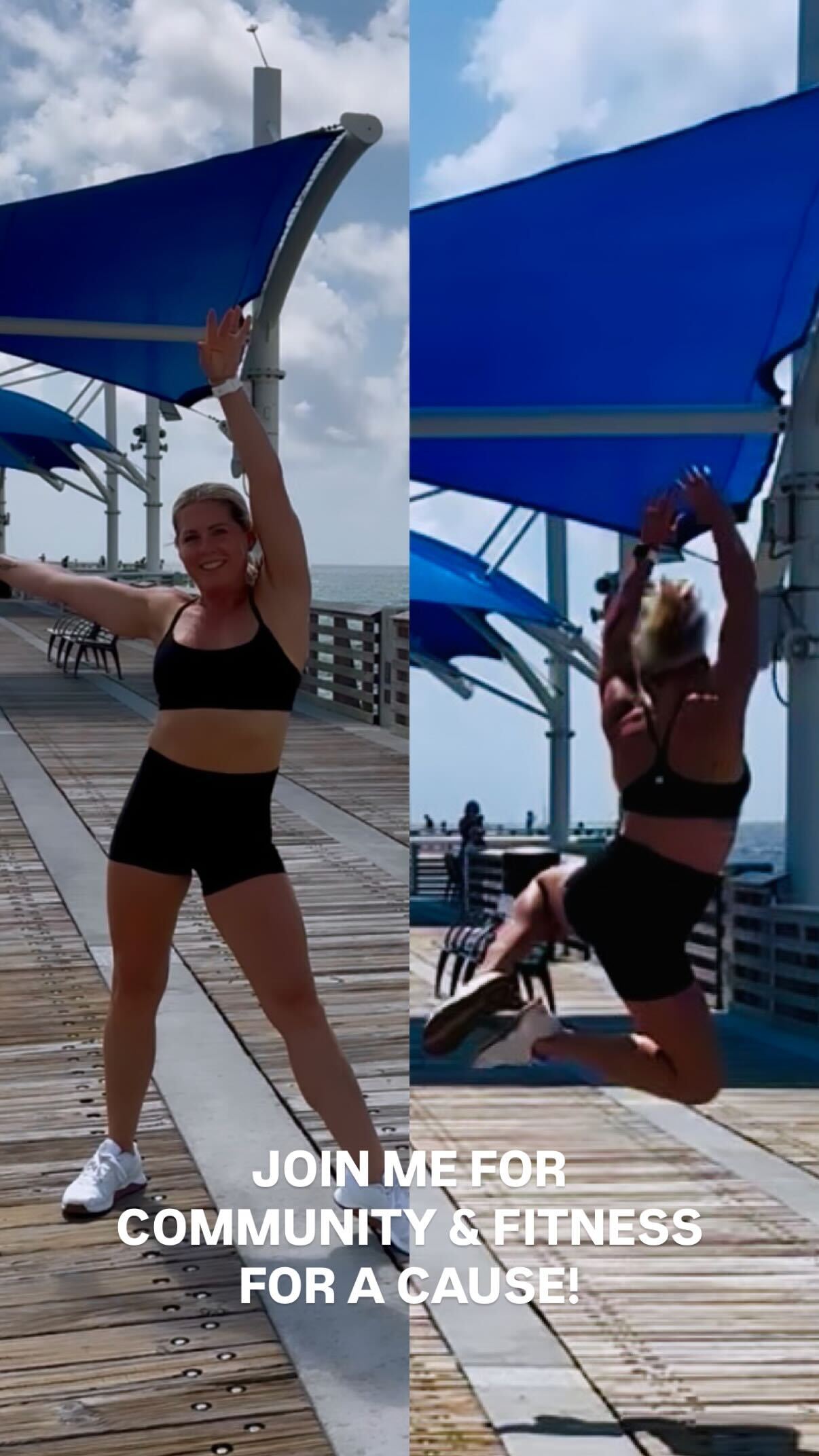 A woman in athletic wear dances on a boardwalk with blue canopies; text invites you to join Nichele’s Welcome Home - Fit Party for Charity, a community fitness event supporting a great cause.