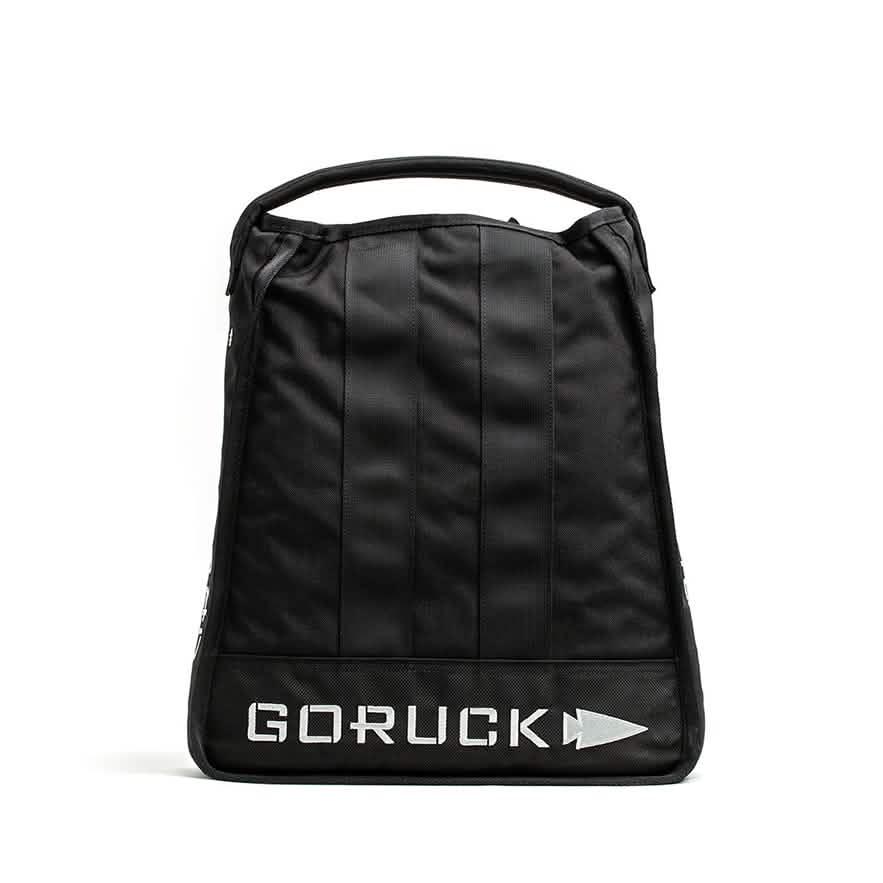 Black GORUCK rucking gear bag with sturdy handle and branded logo on front