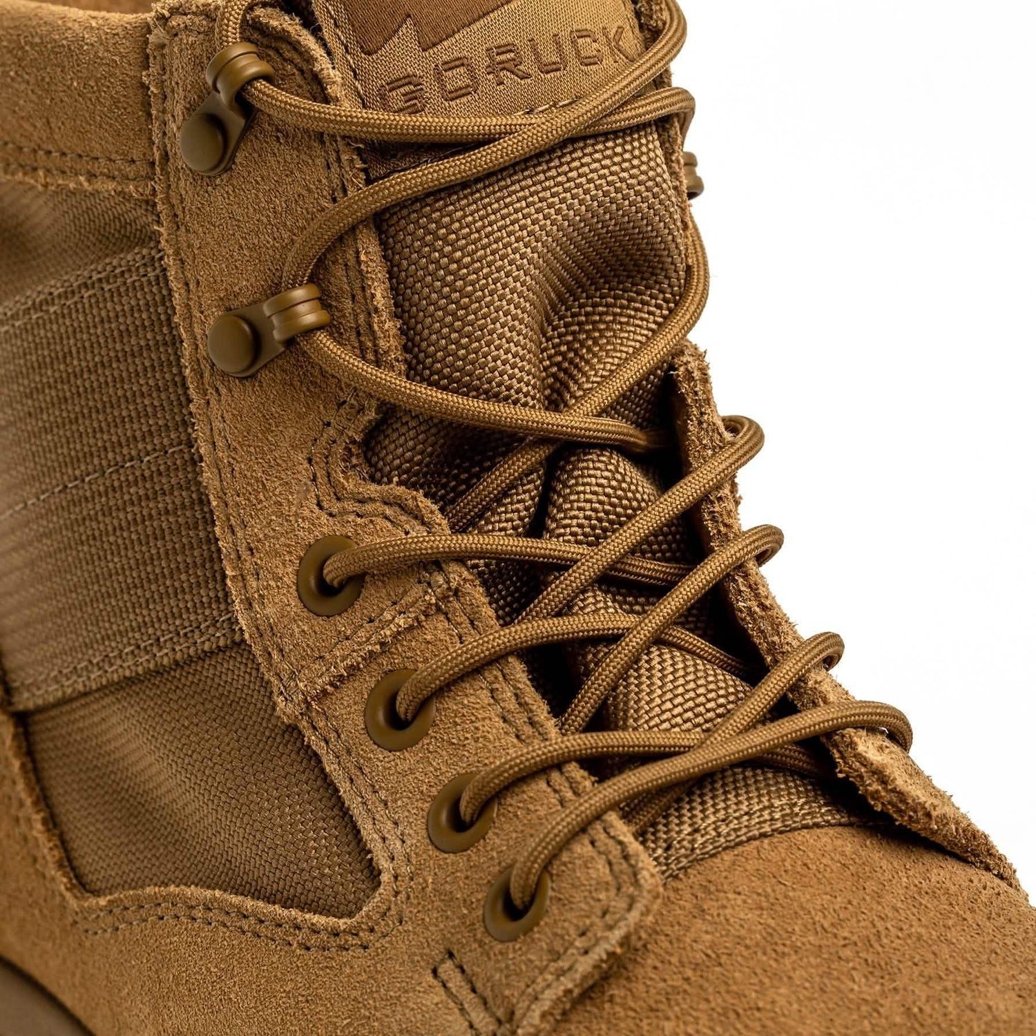Close-up of GORUCK brown rucking boot with rugged suede and nylon construction