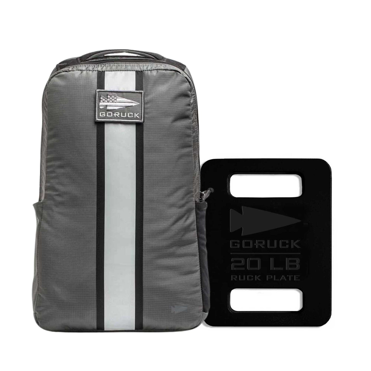 A Basic Rucker + FREE Plate is shown in gray with a black 20lb ruck plate, both displayed on a white background.