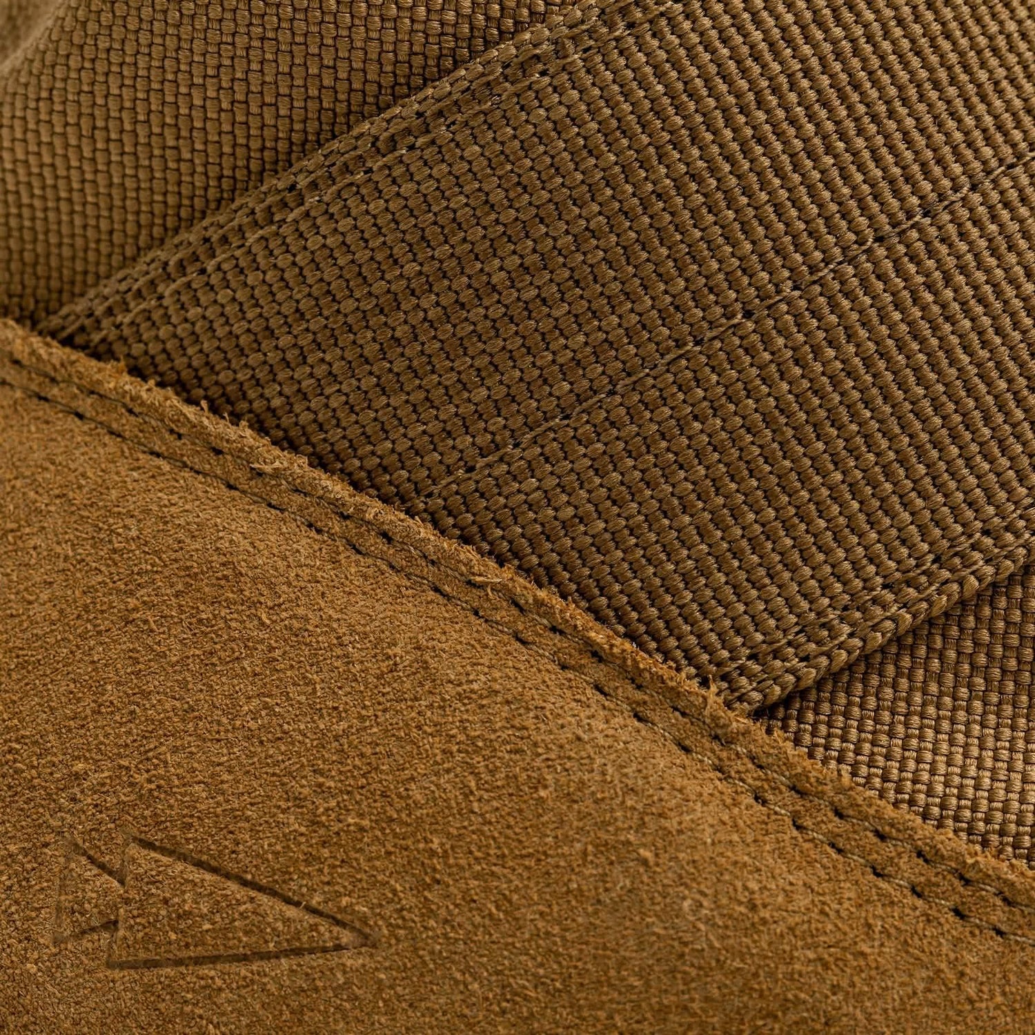 Close-up of GORUCK brown rucking shoe with durable suede and nylon material details.