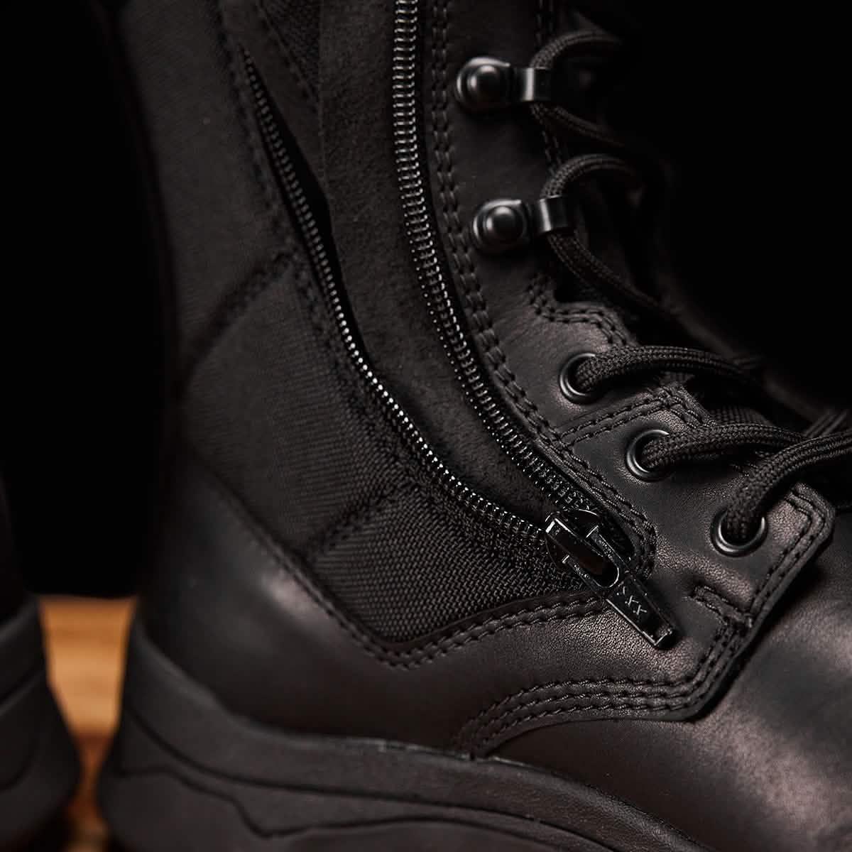 GORUCK black tactical boot with zipper and laces, durable rucking footwear closeup