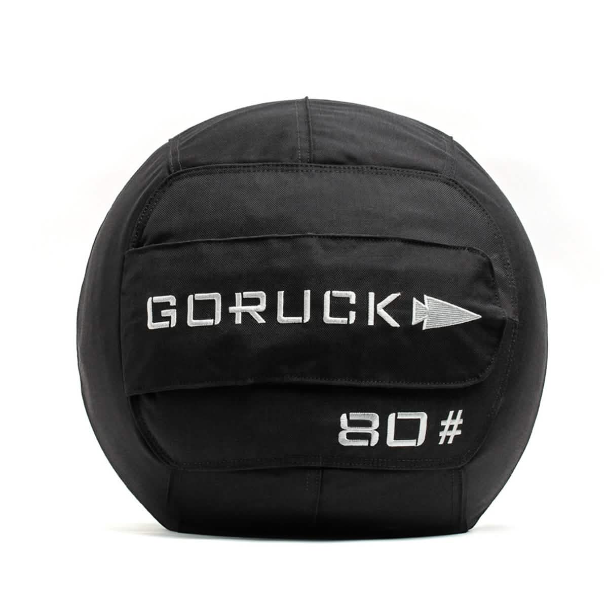 A black Sand Medicine Ball by GORUCK, featuring a handle, is perfect for boosting core stability at home. The ball is marked with the brand name GORUCK and the number 80# in white text, making it a versatile piece of equipment for your home gym collection.
