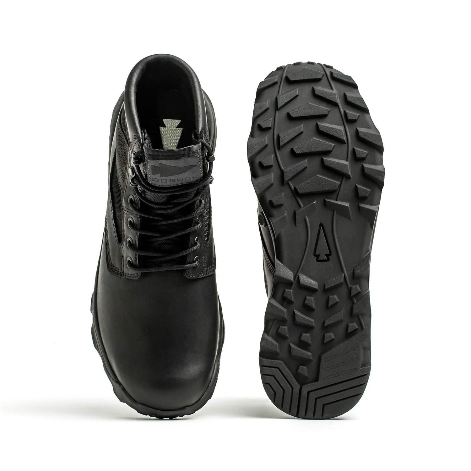 GORUCK black rucking boots with rugged tread, durable leather and nylon design, front and sole view