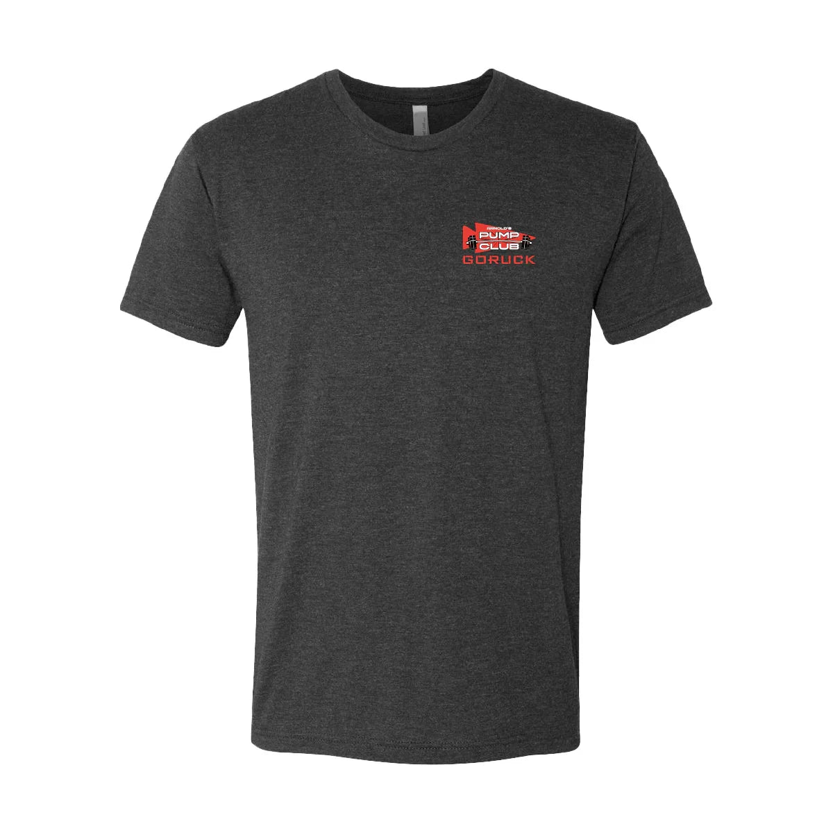 Charcoal gray GORUCK T-shirt with red Arnold's Pump Club logo on chest