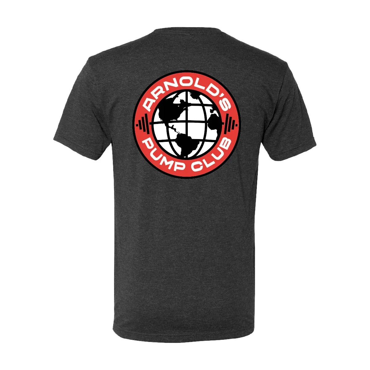 GORUCK black t-shirt with Arnold's Pump Club logo and globe graphic on back